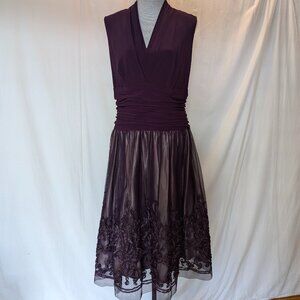 SLNY Illusion black and plum drop waist dress with Embroidered flower detail 16W